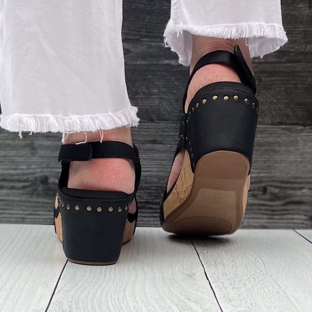 Corkys Footwear Carley Wedge Sandal Black Oil PU with Studs is a closet staple - Picture 7 of 11